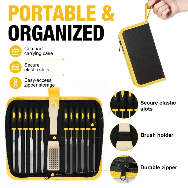 Alt view image 2 of 7 - 13PC Needle File Set,Small File Set,Needle Files for Metal File Set 6 Diamond File Set,6 Steel File Tool,Jewelers Files Set for Carving,Ward./Tri./Sq./Round/Half-Round/Flat file with Brush Case