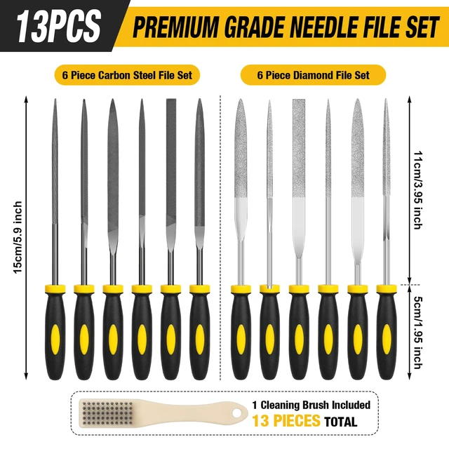 Alt view image 4 of 7 - 13PC Needle File Set,Small File Set,Needle Files for Metal File Set 6 Diamond File Set,6 Steel File Tool,Jewelers Files Set for Carving,Ward./Tri./Sq./Round/Half-Round/Flat file with Brush Case
