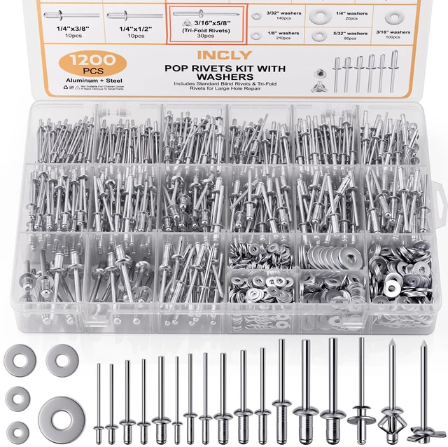 Main image of 1200PCS Pop Rivets & Trifold Rivets Assortment Kit with Washers 14 Sizes Aluminum Rivets, 3/32", 1/8", 5/32", 3/16", 1/4", and 3/16'' x 5/8" Tri-Fold Rivets for Metal, Automotive, Kayak