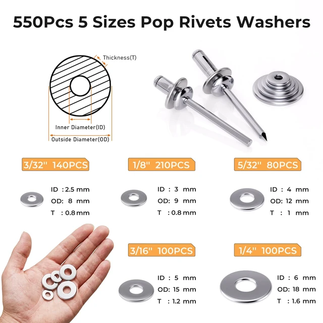 Alt view image 4 of 7 - 1200PCS Pop Rivets & Trifold Rivets Assortment Kit with Washers 14 Sizes Aluminum Rivets, 3/32", 1/8", 5/32", 3/16", 1/4", and 3/16'' x 5/8" Tri-Fold Rivets for Metal, Automotive, Kayak