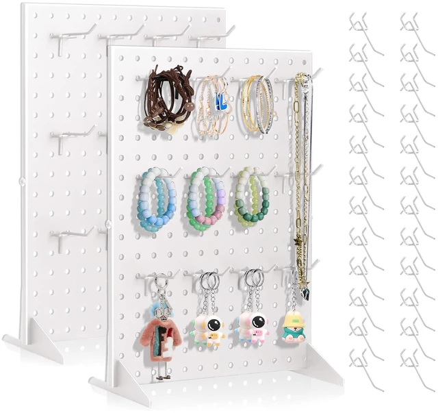 Main image of 2 Pack Peg Board Display Stand for Vendors with 24 Hooks Metal Tabletop Pegboard Display Stand for Craft Shows 17" X 13" Retail Display Racks Peg Board Organizer Holder White
