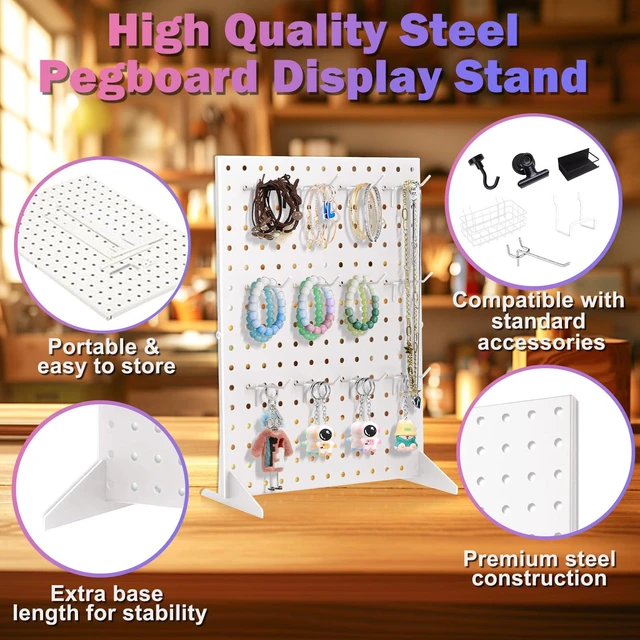 Alt view image 4 of 7 - 2 Pack Peg Board Display Stand for Vendors with 24 Hooks Metal Tabletop Pegboard Display Stand for Craft Shows 17" X 13" Retail Display Racks Peg Board Organizer Holder White