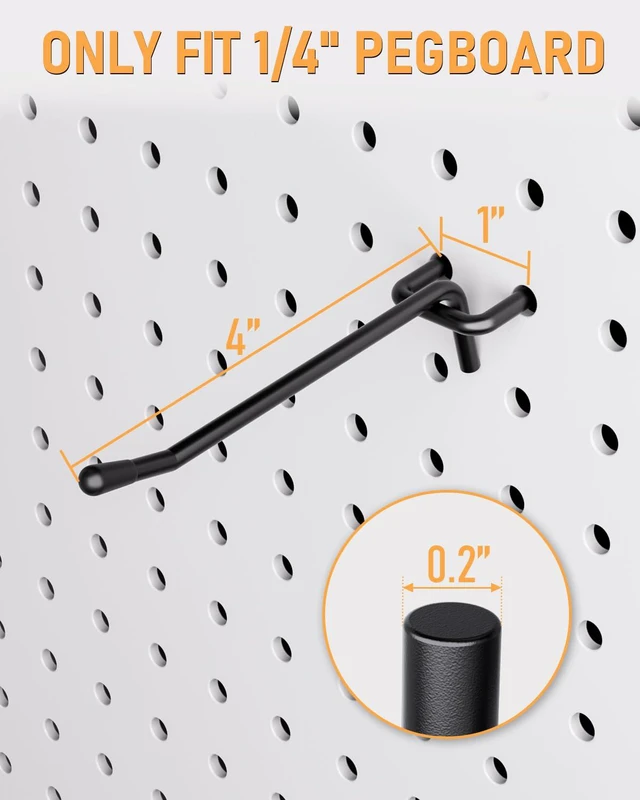 Alt view image 4 of 7 - 60 Pack 4 Inch Black Pegboard Hooks, 1/4" Heavy Duty Peg Board Shelving Hooks Accessories, Fit for 1/4" Pegboard, Garage, Crafts, Kitchen, Store, Peg Board Tool Hangers