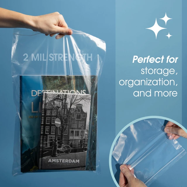 Alt view image 5 of 6 - 18" X 24" 5 Gallon Reclosable Zip Plastic Poly Bags (100 Count) - 2 Mil Clear Food Safe Zipper Bags for Packaging, Shipping, and Storage - Resealable Lock Seal Zipper Closure