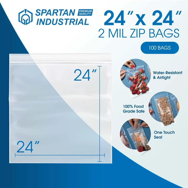 Alt view image 2 of 7 - 24" X 24" Extra Large Reclosable Zip Plastic Poly Bags (100 Count) - 2 Mil Clear Food Safe Zipper Bags for Packaging, Shipping, and Storage - Resealable Lock Seal Zipper Closure