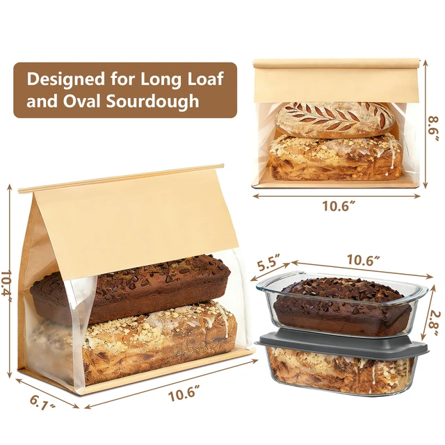 Alt view image 2 of 6 - 100 Pack Large Paper Bread Bags for Homemade Bread Sourdough Sandwich, 10.5x10.6x6.1 Inch Resealable Tin Tie Tab Lock Bread Loaf Bakery Bag with Window, Baked Goods Packaging for Gifting and Bake Sale