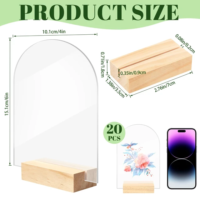 Alt view image 2 of 7 - 20 Pack 4x6 Inch Blank Clear Arch Acrylic Sign with Wooden Stands, Arched Round Top Acrylic Sheet, DIY Acrylic Arch Table Numbers for DIY Name Card Gifts Event Party Sign Decoration