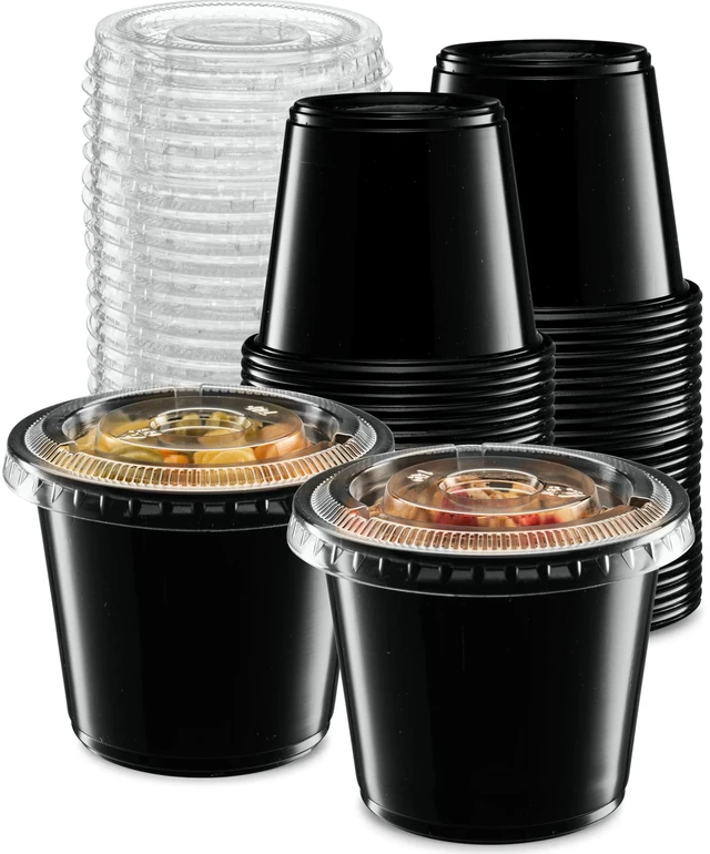 Main image of (5 oz - 100 Sets) Black Diposable Plastic Portion Cups With Lids, Small Mini Containers For Portion Controll, Jello Shots, Meal Prep, Sauce Cups, Slime, Condiments, Medicine, Disposable Souffle Cups