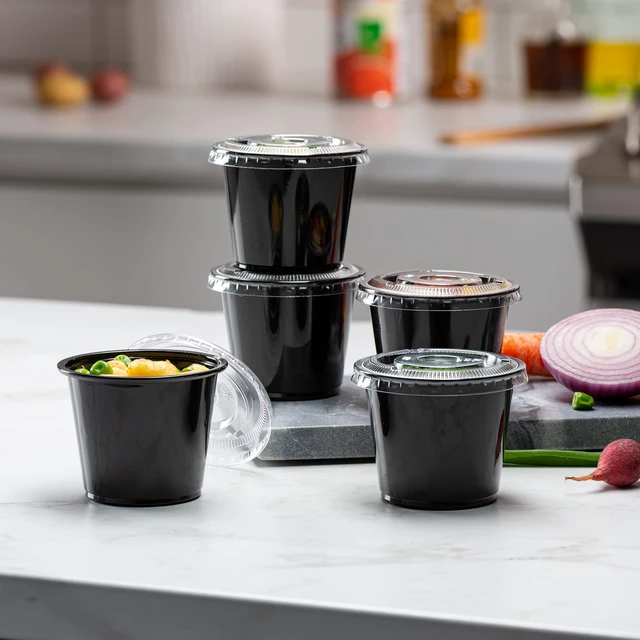 Alt view image 4 of 7 - (5 oz - 100 Sets) Black Diposable Plastic Portion Cups With Lids, Small Mini Containers For Portion Controll, Jello Shots, Meal Prep, Sauce Cups, Slime, Condiments, Medicine, Disposable Souffle Cups