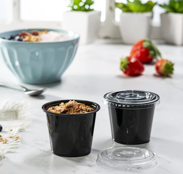 Alt view image 2 of 7 - (5 oz - 100 Sets) Black Diposable Plastic Portion Cups With Lids, Small Mini Containers For Portion Controll, Jello Shots, Meal Prep, Sauce Cups, Slime, Condiments, Medicine, Disposable Souffle Cups