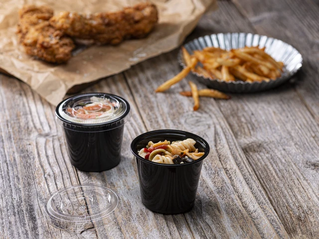 Alt view image 3 of 7 - (5 oz - 100 Sets) Black Diposable Plastic Portion Cups With Lids, Small Mini Containers For Portion Controll, Jello Shots, Meal Prep, Sauce Cups, Slime, Condiments, Medicine, Disposable Souffle Cups