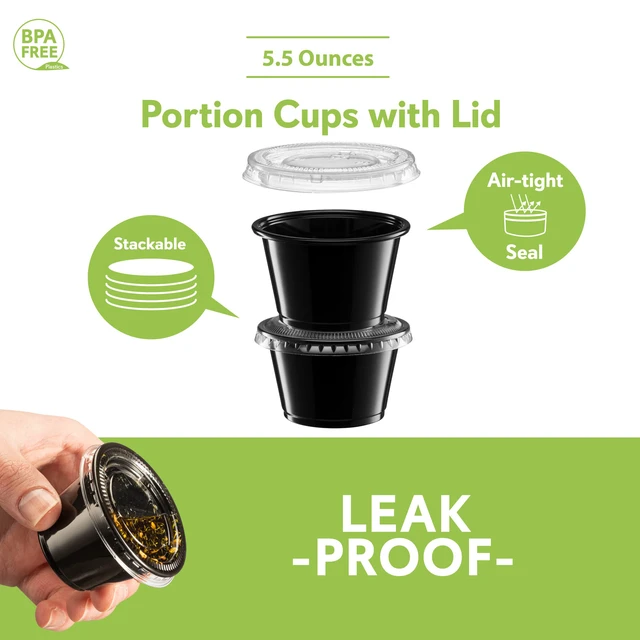 Alt view image 5 of 7 - (5 oz - 100 Sets) Black Diposable Plastic Portion Cups With Lids, Small Mini Containers For Portion Controll, Jello Shots, Meal Prep, Sauce Cups, Slime, Condiments, Medicine, Disposable Souffle Cups