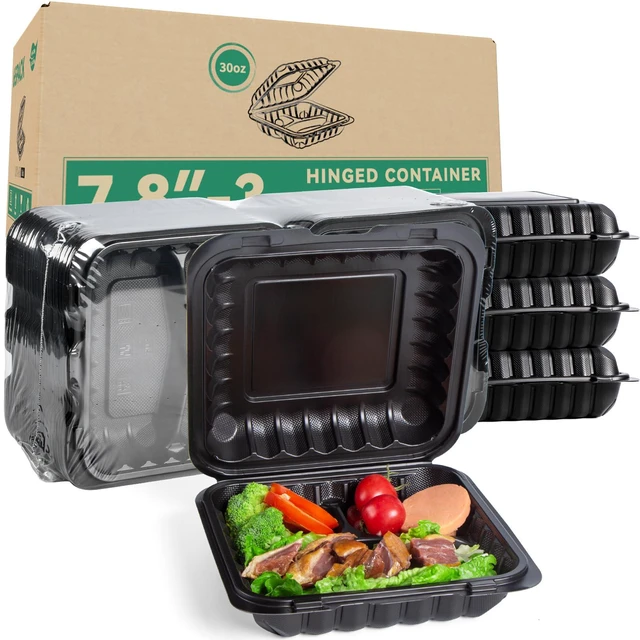 Main image of 65-Pack 30oz 7.8 Inch Black Bento Box - Shrink Wrapped No Pre-Wash 3-Compartment Reusable & Sturdy | Microwave and Freezer Safe Takeout Containers for Catering, Meal Delivery & Leftovers