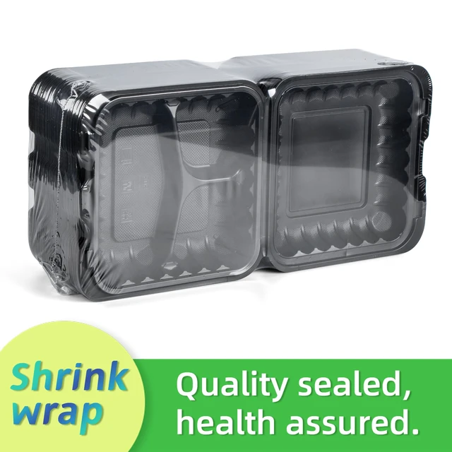 Alt view image 2 of 6 - 65-Pack 30oz 7.8 Inch Black Bento Box - Shrink Wrapped No Pre-Wash 3-Compartment Reusable & Sturdy | Microwave and Freezer Safe Takeout Containers for Catering, Meal Delivery & Leftovers