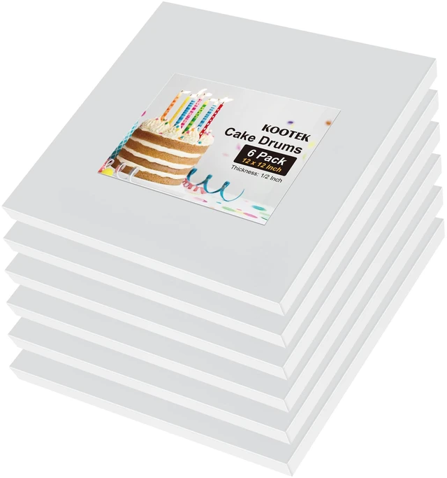 Main image of Cake Boards 12 Inch Square Cake Drums Base para Pastel, 6 Pack Disposable, 1/2 Inch Thick, Sturdy Corrugated Cardboard Base, Smooth & Grease-resistant Surface, White, for Multi-tiered Cake