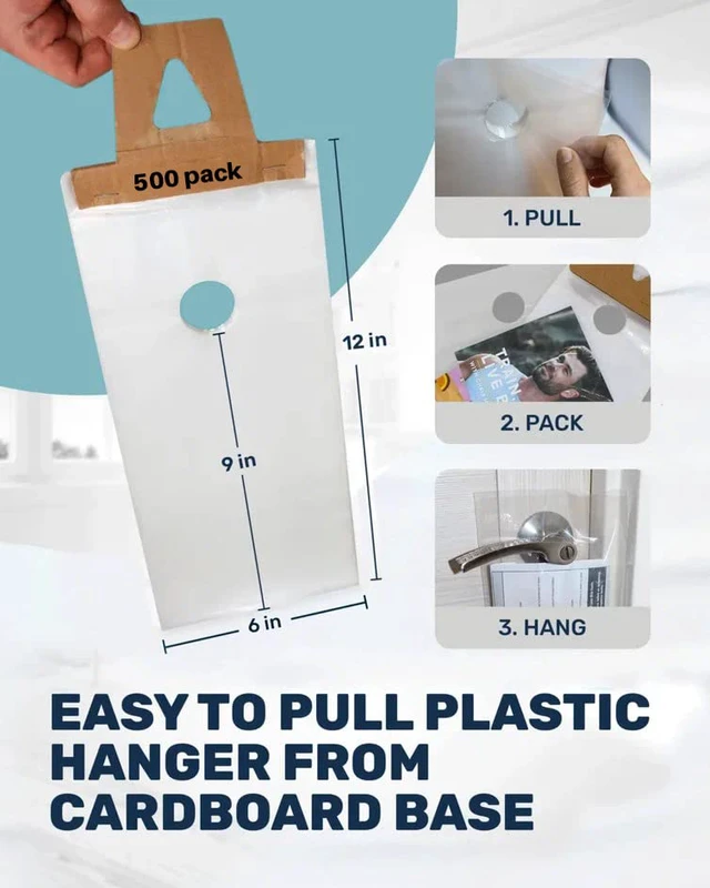 Alt view image 2 of 7 - Plastic Door Hanger Bags 500 Pack - 6 x 12 In, Clear Door Hanger Bags 12 Tall Flyer Bags, 1.5 mil Thick, Moisture & Tear Resistant, Easy Fill, Fits Brochures, Invitations, Samples & Postcards