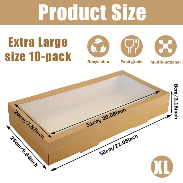 Alt view image 2 of 7 - 10 Pack Large Bakery Boxes with Window, 22x9.8x3.15 Inch Cookie Boxes, Cardboard Pastry Boxes, Brown Treat Box for Gift Giving, Baking Pies, Cakes, Muffins and Desserts (XL)