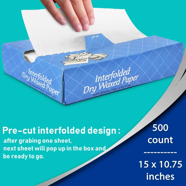 Alt view image 3 of 7 - 500 Sheets 15 x 10.75 Dry Wax Paper Sheets for Food, Greaseproof Sandwich Wrapping, Interfolded Deli Wax Paper for Fries, Burgers, Food Basket, Made in USA