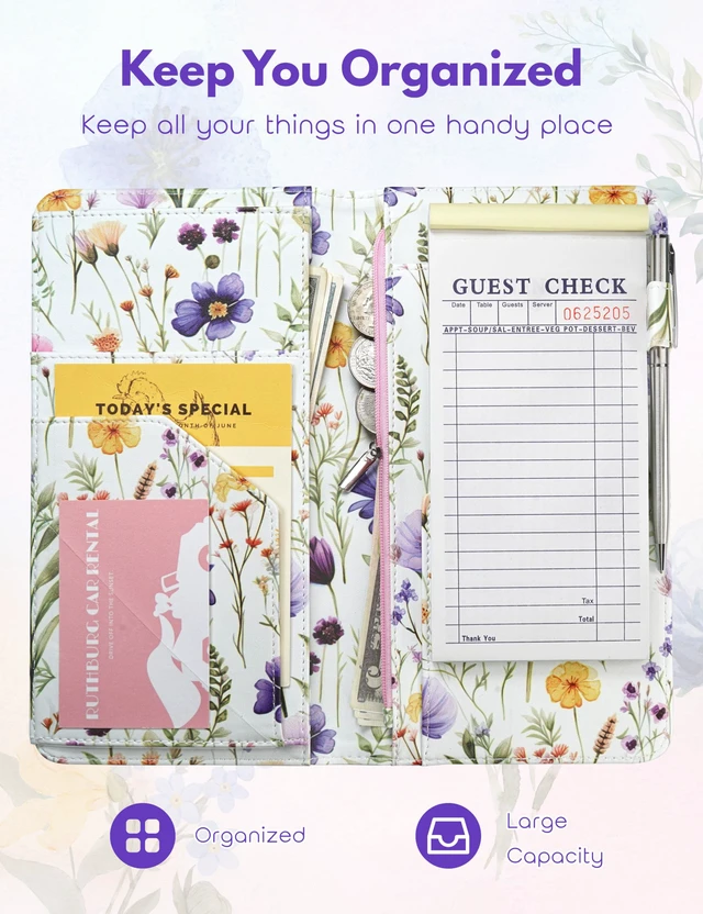 Alt view image 6 of 7 - Server Book with Zipper Pocket and Magnetic Closure Server Booklet Waitress Book Serving Book with Money Pocket Waitstaff Organizer Fit Server Apron Waiter Book Wallet High Volume Pocket