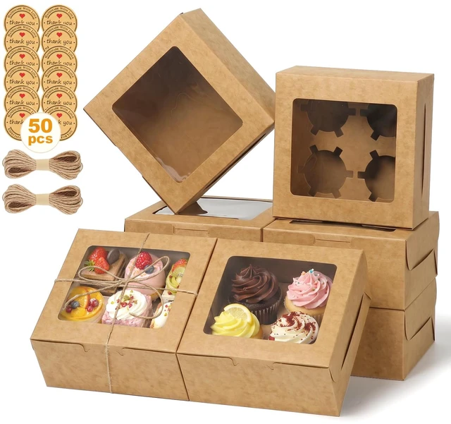Main image of 6x6x3Inch Cupcake Boxes with Window,50 Pcs Cookie Bakery Boxes,Brown Muffin,Treat Boxes for Pastry, Desserts, Chocolate Strawberries, Cupcake Containerss for Gift Giving with Stickers & Twine