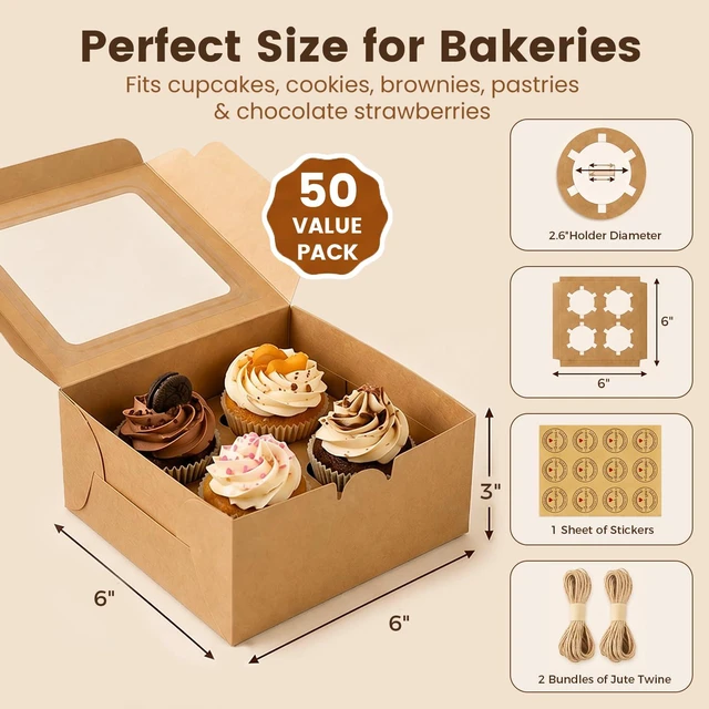 Alt view image 2 of 7 - 6x6x3Inch Cupcake Boxes with Window,50 Pcs Cookie Bakery Boxes,Brown Muffin,Treat Boxes for Pastry, Desserts, Chocolate Strawberries, Cupcake Containerss for Gift Giving with Stickers & Twine