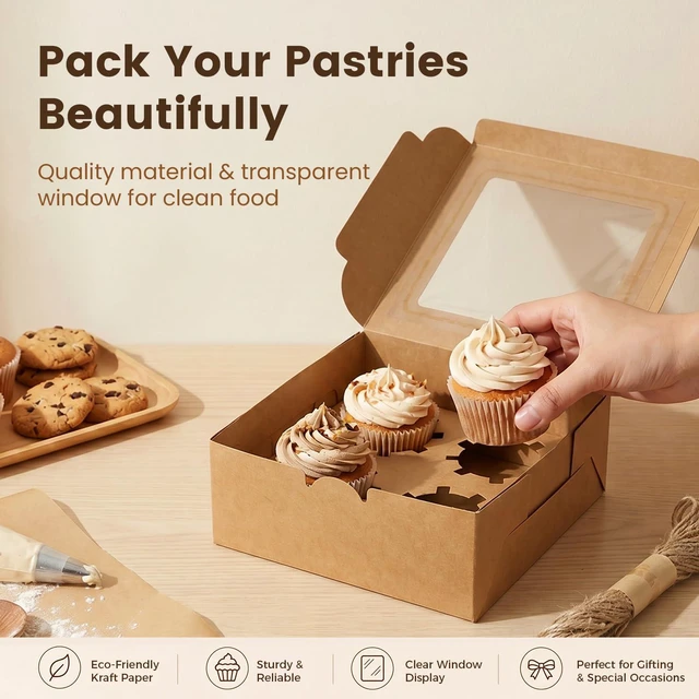 Alt view image 3 of 7 - 6x6x3Inch Cupcake Boxes with Window,50 Pcs Cookie Bakery Boxes,Brown Muffin,Treat Boxes for Pastry, Desserts, Chocolate Strawberries, Cupcake Containerss for Gift Giving with Stickers & Twine