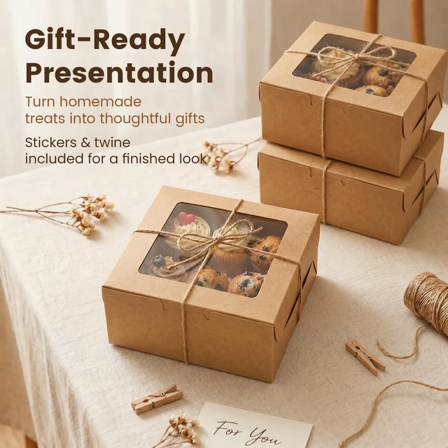 Alt view image 6 of 7 - 6x6x3Inch Cupcake Boxes with Window,50 Pcs Cookie Bakery Boxes,Brown Muffin,Treat Boxes for Pastry, Desserts, Chocolate Strawberries, Cupcake Containerss for Gift Giving with Stickers & Twine