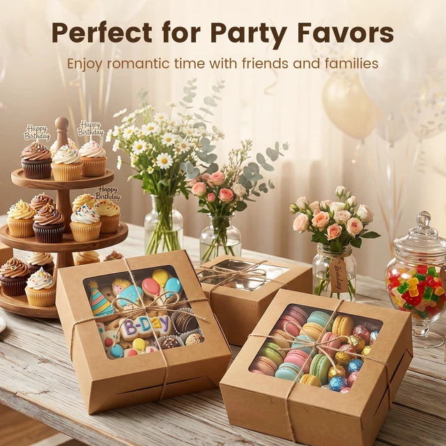 Alt view image 7 of 7 - 6x6x3Inch Cupcake Boxes with Window,50 Pcs Cookie Bakery Boxes,Brown Muffin,Treat Boxes for Pastry, Desserts, Chocolate Strawberries, Cupcake Containerss for Gift Giving with Stickers & Twine