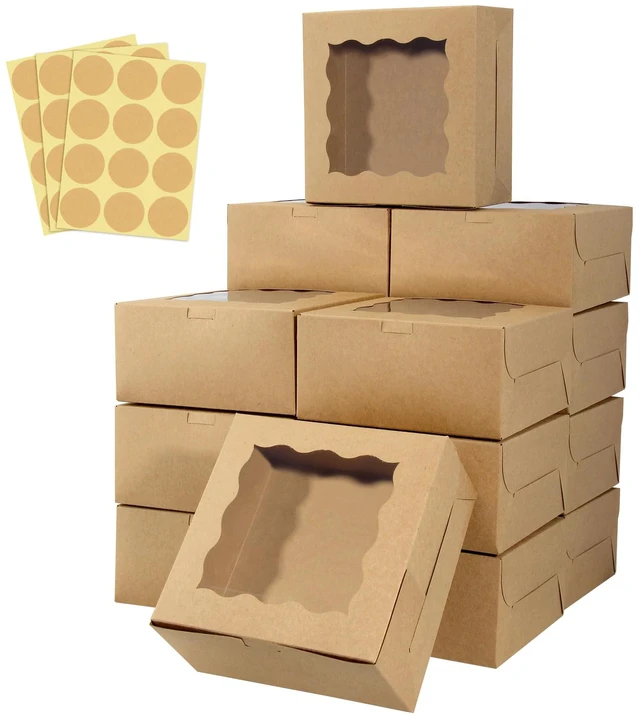 Main image of 60 pcs Bakery Boxes with Window, 6 x 6 x 3 inches, Kraft Cookie Boxes Pastry Boxes for Baked Goods (Brown)