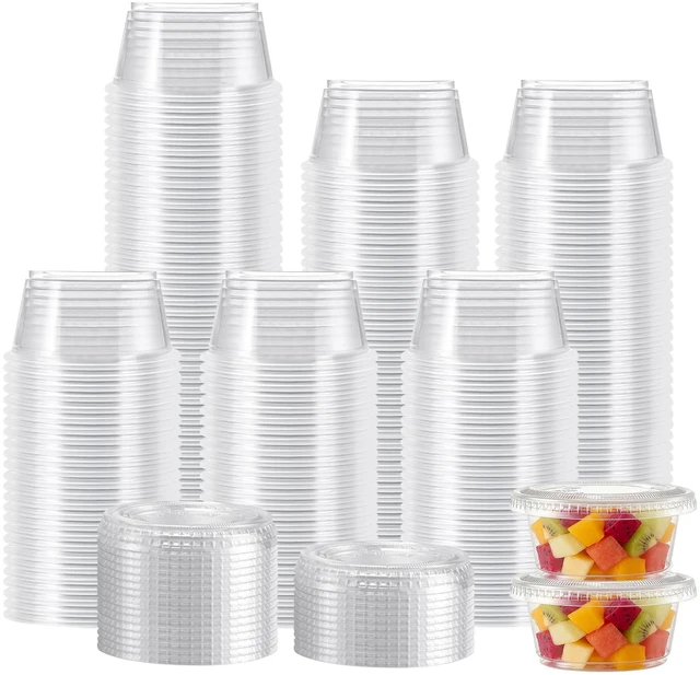Main image of 360 Set 2 oz Jello Shot Cups with Lids, Small Plastic Condiment Cups Food Safe Disposable Soufflé Storage Portion Containers for Salad, Dressing, Sauce, Dipping, Snacks