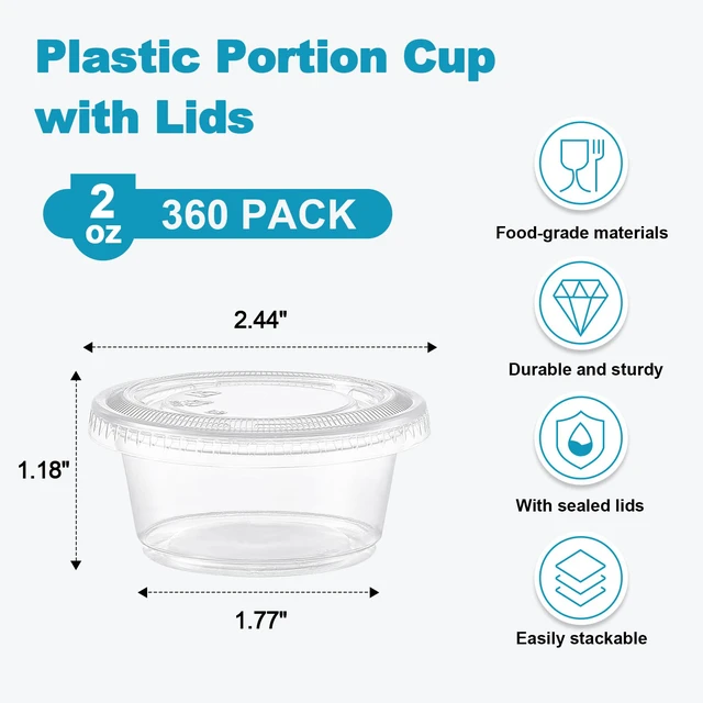 Alt view image 2 of 7 - 360 Set 2 oz Jello Shot Cups with Lids, Small Plastic Condiment Cups Food Safe Disposable Soufflé Storage Portion Containers for Salad, Dressing, Sauce, Dipping, Snacks