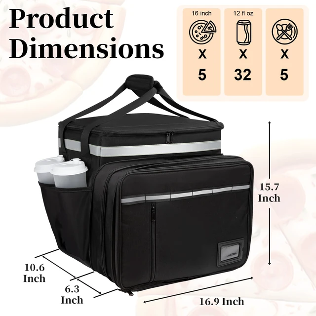 Alt view image 2 of 7 - Food Delivery Backpack, Expandable Delivery Backpack Pizza Bag, XL Reflective Strips, Cup Holder,Hot/Cold Insulated Backpack Bike Food Delivery Bag Suitable for Uber Eats, DoorDash, Black
