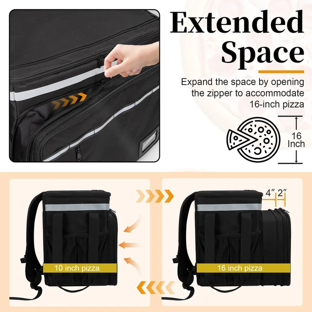 Alt view image 3 of 7 - Food Delivery Backpack, Expandable Delivery Backpack Pizza Bag, XL Reflective Strips, Cup Holder,Hot/Cold Insulated Backpack Bike Food Delivery Bag Suitable for Uber Eats, DoorDash, Black