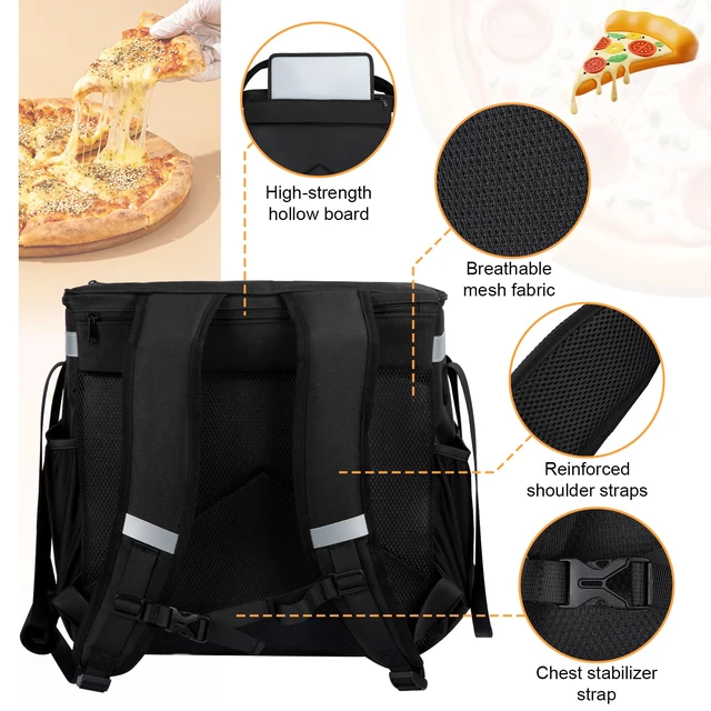 Alt view image 5 of 7 - Food Delivery Backpack, Expandable Delivery Backpack Pizza Bag, XL Reflective Strips, Cup Holder,Hot/Cold Insulated Backpack Bike Food Delivery Bag Suitable for Uber Eats, DoorDash, Black