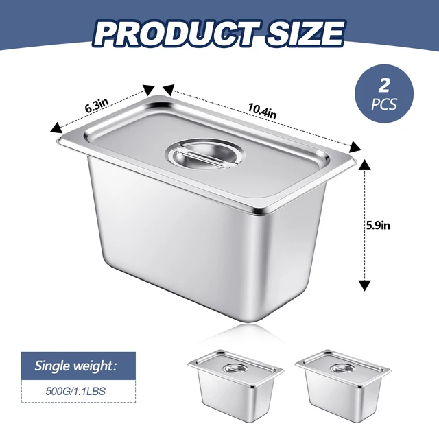 Alt view image 2 of 6 - 2 Pack Stainless 1/4 Size x 6 Inch Deep Steam Table Pans with Lids