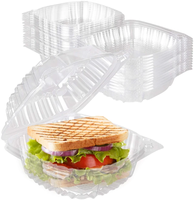 Main image of Disposable Plastic To Go Containers with Clear Lids (50 Pack) Fancy Hinged Top Square Clamshell Food Boxes for Take Out, Home Party Togo Clam Shell Box to Carry Cake, Dessert, Small Sandwich