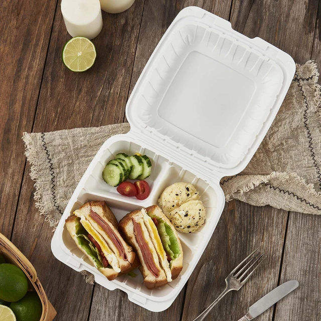 Alt view image 3 of 7 - 8X8 3Compartment 50Pack Plastic Clamshell Take Out Food Containers, Heavy Duty To-go Disposable Lunch Box Restaurant Meal Prep Packaging Catering Hinged Container (Formerly FULING)