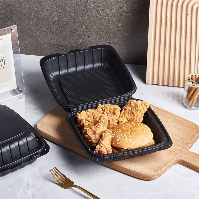 Alt view image 6 of 7 - 8X8 1-Compartment 50-Pack Plastic Clamshell Takeout Food Trays Heavy Duty Togo Disposable Box Carryout Meal Prep Packaging Catering Hinged Containers With Secure Snap Lid (Formerly FULING)