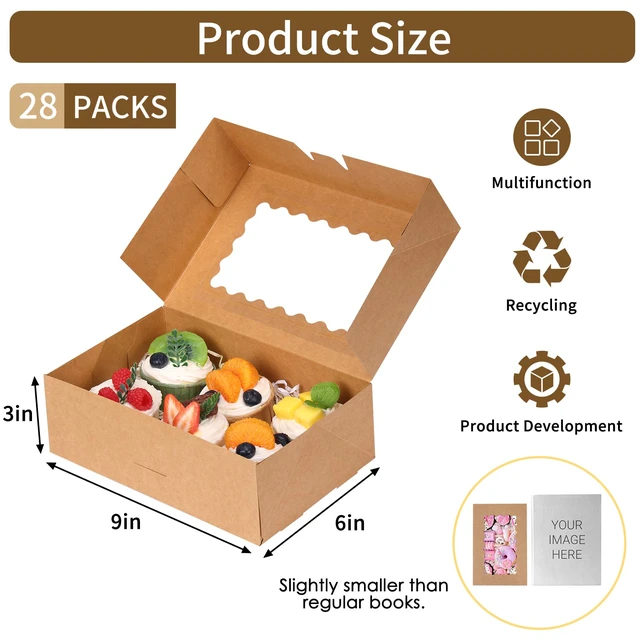 Alt view image 2 of 7 - 28pcs Cookie Boxes with Window, 9x6x3in Auto-Popup Bakery Boxes Brown Pastry Containers for Chocolate Covered Strawberries, Candy, Muffins, Donuts