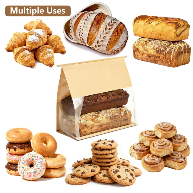 Alt view image 6 of 6 - 100 Pack Large Paper Bread Bags for Homemade Bread Sourdough Sandwich, 10.5x10.6x6.1 Inch Resealable Tin Tie Tab Lock Bread Loaf Bakery Bag with Window, Baked Goods Packaging for Gifting and Bake Sale