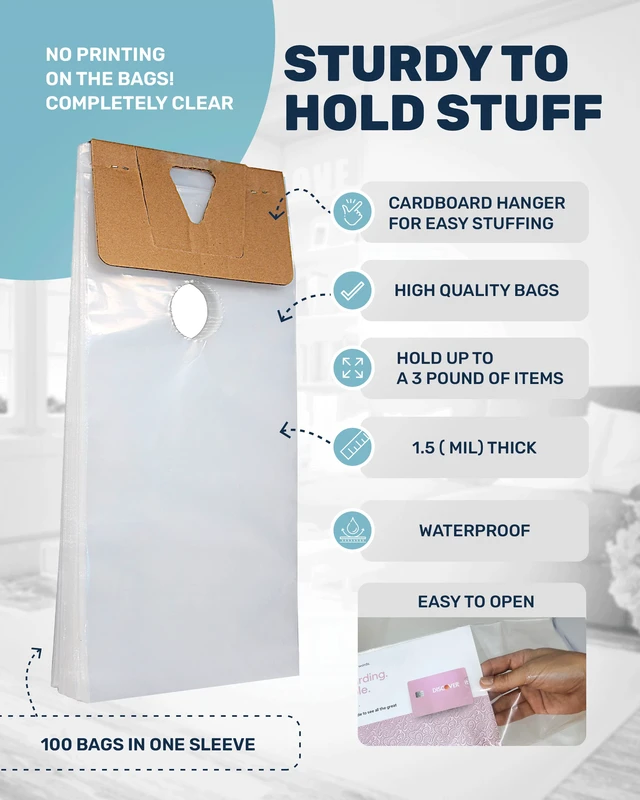Alt view image 4 of 7 - Plastic Door Hanger Bags 500 Pack - 6 x 12 In, Clear Door Hanger Bags 12 Tall Flyer Bags, 1.5 mil Thick, Moisture & Tear Resistant, Easy Fill, Fits Brochures, Invitations, Samples & Postcards