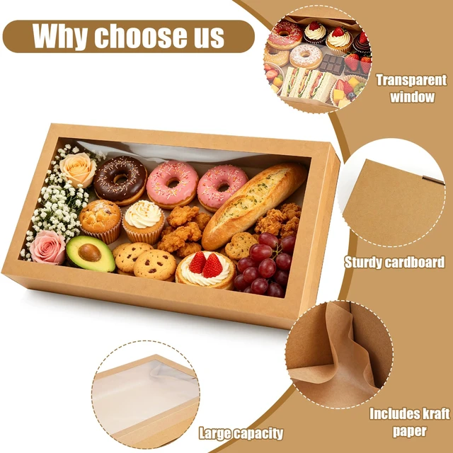 Alt view image 3 of 7 - 10 Pack Large Bakery Boxes with Window, 22x9.8x3.15 Inch Cookie Boxes, Cardboard Pastry Boxes, Brown Treat Box for Gift Giving, Baking Pies, Cakes, Muffins and Desserts (XL)