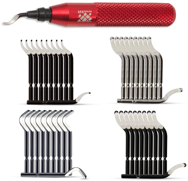 Main image of Deburring Tool, 41 HSS Blades, Red CNC Anodized Aluminum Handle Built for 3D printing, metal, PVC, copper, resin and plastic; four profiles provide 360-degree rotation on edges and holes