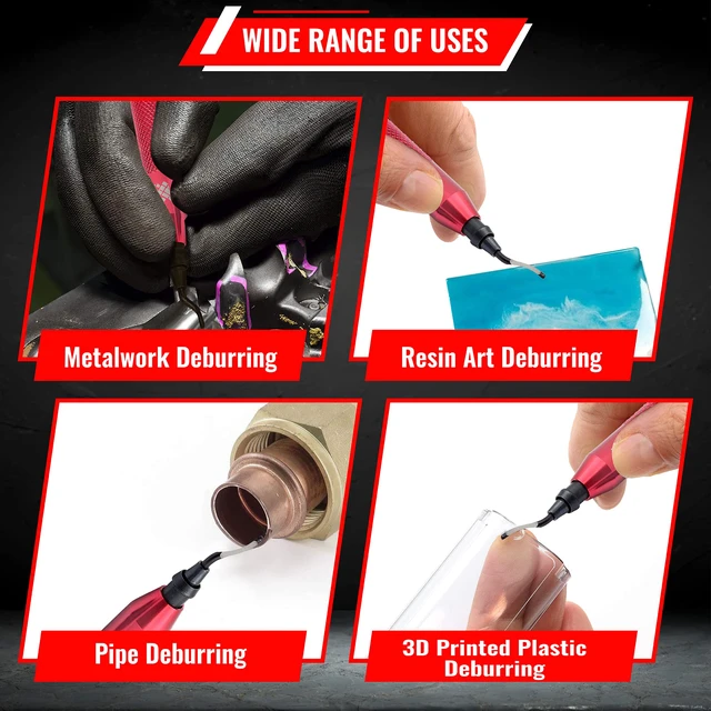 Alt view image 4 of 5 - Deburring Tool, 21 HSS Blades, Red CNC Anodized Aluminum Handle Built for 3D printing, metal, PVC, copper and plastic; four M2/M35 types give 360-degree rotation on hard alloys and holes