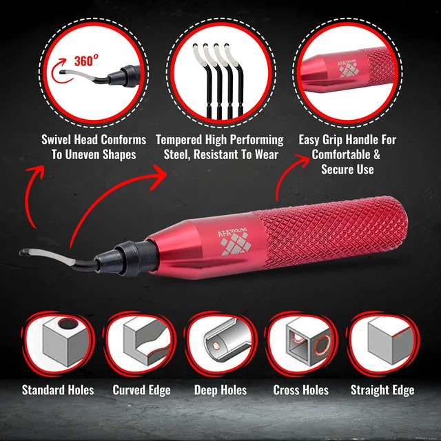 Alt view image 2 of 5 - Deburring Tool, 21 HSS Blades, Red CNC Anodized Aluminum Handle Built for 3D printing, metal, PVC, copper and plastic; four M2/M35 types give 360-degree rotation on hard alloys and holes