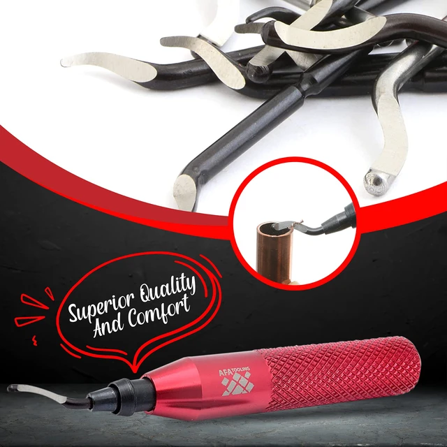 Alt view image 5 of 5 - Deburring Tool, 21 HSS Blades, Red CNC Anodized Aluminum Handle Built for 3D printing, metal, PVC, copper and plastic; four M2/M35 types give 360-degree rotation on hard alloys and holes