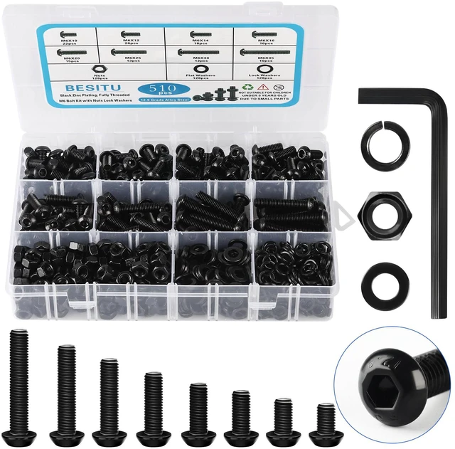 Main image of M6 Bolt Assortment Kit, 510Pcs M6 x 10/12/14/16/20/25/30/35mm Button Head Hex Socket Cap Screws Bolts Nuts Washer Assortment Kit 12.9 Grade Alloy Steel Black Galvanized