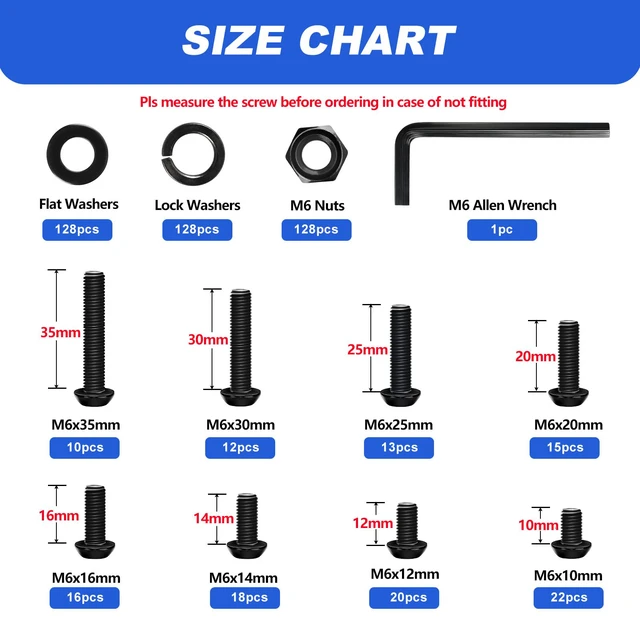 Alt view image 2 of 7 - M6 Bolt Assortment Kit, 510Pcs M6 x 10/12/14/16/20/25/30/35mm Button Head Hex Socket Cap Screws Bolts Nuts Washer Assortment Kit 12.9 Grade Alloy Steel Black Galvanized