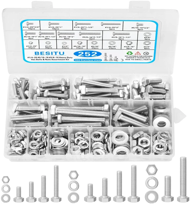 Main image of 252Pcs Hex Bolts and Nuts Assortment Kit, 1/4-20, 5/16-18, 3/8-16 Assorted Bolts Nuts and Washers Kit, 304 Stainless Steel Machine Screw Sets with Case