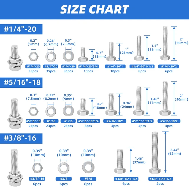 Alt view image 2 of 7 - 252Pcs Hex Bolts and Nuts Assortment Kit, 1/4-20, 5/16-18, 3/8-16 Assorted Bolts Nuts and Washers Kit, 304 Stainless Steel Machine Screw Sets with Case
